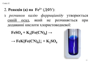 2. Реакція (а) на Fe2+ (ДФУ):
з розчином калію ферриціаніду утворюється
синій осад, який не розчиняється при
додаванні кислоти хлористоводневої:
FeSO4 + K3[Fe(CN)6] →
→ FeK[Fe(CN)6]↓ + K2SO4
32
Слайд 32
 