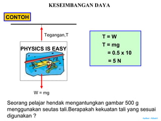 Author : Khairi
CONTOH
PHYSICS IS EASY
Seorang pelajar hendak mengantungkan gambar 500 g
menggunakan seutas tali.Berapakah kekuatan tali yang sesuai
digunakan ?
W = mg
Tegangan,T T = W
T = mg
= 0.5 x 10
= 5 N
KESEIMBANGAN DAYA
 