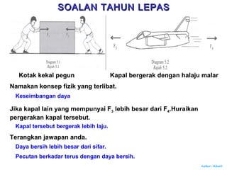 Author : Khairi
Kotak kekal pegun Kapal bergerak dengan halaju malar
Namakan konsep fizik yang terlibat.
Keseimbangan daya
Jika kapal lain yang mempunyai F3 lebih besar dari F4.Huraikan
pergerakan kapal tersebut.
Kapal tersebut bergerak lebih laju.
Terangkan jawapan anda.
Daya bersih lebih besar dari sifar.
Pecutan berkadar terus dengan daya bersih.
SOALAN TAHUN LEPASSOALAN TAHUN LEPAS
 