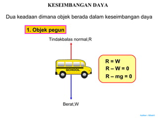 Author : Khairi
Dua keadaan dimana objek berada dalam keseimbangan daya
1. Objek pegun
Berat,W
Tindakbalas normal,R
R = W
R – W = 0
R – mg = 0
KESEIMBANGAN DAYA
 