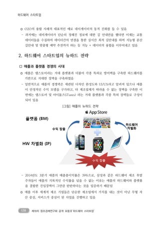 128 제18차 창조경제연구회 공개 포럼❙‘하드웨어 스타트업’
하드웨어 스타트업
◦ O2O의 융합 사례의 대표적인 예로 네이게이터의 동적 진화를 들 수 있음
- 과거에는 네비게이터가 단순히 정해진 정보에 대한 길 안내만을 했다면 이제는 교통
데이터들을 수집하여 데이터간의 연결을 통한 실시간 최적 길안내를 하며 지능형 분산
길안내 및 맞춤형 예약 추천까지 하는 등 지능 + 데이터의 융합을 이루어내고 있음
2. 하드웨어 스타트업의 뉴하드 전략
□ 애플과 플랫폼 경쟁의 시대
◦ 애플은 앱스토어라는 거대 플랫폼과 더불어 각종 특허로 방어벽을 구축한 하드웨어를
기반으로 거대한 장벽을 구축하였음
- 일반적으로 애플의 경쟁력은 세련된 디자인 완성도와 UI/UX라고 알려져 있으나 애플
이 안정적인 수익 모델을 구가하고, 타 제조업체가 따라올 수 없는 장벽을 구축한 이
면에는 앱스토어 및 아이튠즈(iTunes) 라는 거대 플랫폼과 각종 특허 장벽들로 구성이
되어 있음
[그림] 애플의 뉴하드 전략
- 2014년도 3분기 애플의 매출총이익률은 39%으로, 삼성과 같은 하드웨어 제조 후발
주자들이 애플의 기록적인 수익률을 넘을 수 없는 이유는 애플의 하드웨어와 플랫폼
을 결합한 진입장벽이 그만큼 탄탄하다는 것을 입증하기 때문임
◦ 애플 이후 세계적 제조 기업들은 단순한 제조업에서 가치를 내는 것이 아닌 무형 자
산 중심, 서비스가 중심이 된 사업을 진행하고 있음
 