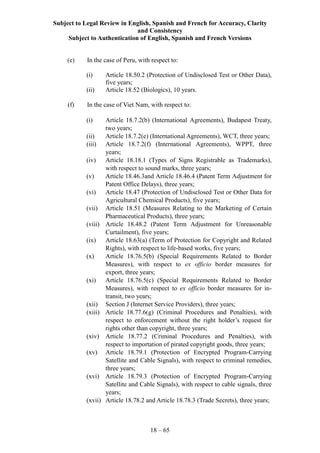Subject to Legal Review in English, Spanish and French for Accuracy, Clarity
and Consistency
Subject to Authentication of English, Spanish and French Versions
18 – 65
(e) In the case of Peru, with respect to:
(i) Article 18.50.2 (Protection of Undisclosed Test or Other Data),
five years;
(ii) Article 18.52 (Biologics), 10 years.
(f) In the case of Viet Nam, with respect to:
(i) Article 18.7.2(b) (International Agreements), Budapest Treaty,
two years;
(ii) Article 18.7.2(e) (International Agreements), WCT, three years;
(iii) Article 18.7.2(f) (International Agreements), WPPT, three
years;
(iv) Article 18.18.1 (Types of Signs Registrable as Trademarks),
with respect to sound marks, three years;
(v) Article 18.46.3and Article 18.46.4 (Patent Term Adjustment for
Patent Office Delays), three years;
(vi) Article 18.47 (Protection of Undisclosed Test or Other Data for
Agricultural Chemical Products), five years;
(vii) Article 18.51 (Measures Relating to the Marketing of Certain
Pharmaceutical Products), three years;
(viii) Article 18.48.2 (Patent Term Adjustment for Unreasonable
Curtailment), five years;
(ix) Article 18.63(a) (Term of Protection for Copyright and Related
Rights), with respect to life-based works, five years;
(x) Article 18.76.5(b) (Special Requirements Related to Border
Measures), with respect to ex officio border measures for
export, three years;
(xi) Article 18.76.5(c) (Special Requirements Related to Border
Measures), with respect to ex officio border measures for in-
transit, two years;
(xii) Section J (Internet Service Providers), three years;
(xiii) Article 18.77.6(g) (Criminal Procedures and Penalties), with
respect to enforcement without the right holder’s request for
rights other than copyright, three years;
(xiv) Article 18.77.2 (Criminal Procedures and Penalties), with
respect to importation of pirated copyright goods, three years;
(xv) Article 18.79.1 (Protection of Encrypted Program-Carrying
Satellite and Cable Signals), with respect to criminal remedies,
three years;
(xvi) Article 18.79.3 (Protection of Encrypted Program-Carrying
Satellite and Cable Signals), with respect to cable signals, three
years;
(xvii) Article 18.78.2 and Article 18.78.3 (Trade Secrets), three years;
 