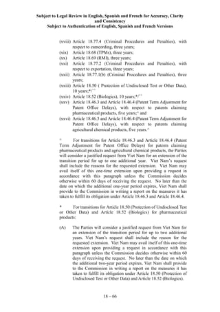 Subject to Legal Review in English, Spanish and French for Accuracy, Clarity
and Consistency
Subject to Authentication of English, Spanish and French Versions
18 – 66
(xviii) Article 18.77.4 (Criminal Procedures and Penalties), with
respect to camcording, three years;
(xix) Article 18.68 (TPMs), three years;
(xx) Article 18.69 (RMI), three years;
(xxi) Article 18.77.2 (Criminal Procedures and Penalties), with
respect to exportation, three years;
(xxii) Article 18.77.1(b) (Criminal Procedures and Penalties), three
years;
(xxiii) Article 18.50 ( Protection of Undisclosed Test or Other Data),
10 years;*/++
(xxiv) Article 18.52 (Biologics), 10 years;*/++
(xxv) Article 18.46.3 and Article 18.46.4 (Patent Term Adjustment for
Patent Office Delays), with respect to patents claiming
pharmaceutical products, five years;^ and
(xxvi) Article 18.46.3 and Article 18.46.4 (Patent Term Adjustment for
Patent Office Delays), with respect to patents claiming
agricultural chemical products, five years.^
^ For transitions for Article 18.46.3 and Article 18.46.4 (Patent
Term Adjustment for Patent Office Delays) for patents claiming
pharmaceutical products and agricultural chemical products, the Parties
will consider a justified request from Viet Nam for an extension of the
transition period for up to one additional year. Viet Nam’s request
shall include the reasons for the requested extension. Viet Nam may
avail itself of this one-time extension upon providing a request in
accordance with this paragraph unless the Commission decides
otherwise within 60 days of receiving the request. No later than the
date on which the additional one-year period expires, Viet Nam shall
provide to the Commission in writing a report on the measures it has
taken to fulfill its obligation under Article 18.46.3 and Article 18.46.4.
* For transitions for Article 18.50 (Protection of Undisclosed Test
or Other Data) and Article 18.52 (Biologics) for pharmaceutical
products:
(A) The Parties will consider a justified request from Viet Nam for
an extension of the transition period for up to two additional
years. Viet Nam’s request shall include the reason for the
requested extension. Viet Nam may avail itself of this one-time
extension upon providing a request in accordance with this
paragraph unless the Commission decides otherwise within 60
days of receiving the request. No later than the date on which
the additional two-year period expires, Viet Nam shall provide
to the Commission in writing a report on the measures it has
taken to fulfill its obligation under Article 18.50 (Protection of
Undisclosed Test or Other Data) and Article 18.52 (Biologics).
 