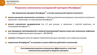 11
Результаты клинических исследований препарата Фелиферон®
При применении препарата Фелиферон® в составе комплексной терапии отмечается:
раннее улучшение клинического состояния и стойкая положительная динамика клинического состояния в
сравнении с животными, не получавшими Фелиферон®;
раннее клиническое выздоровление (на 1-2 дня раньше, в сравнении с группой животных, не
получавшей Фелиферон®);
для проведения противовирусной и иммуностимулирующей терапии кошек при смешанных инфекциях
установлена эффективная доза препарата - 400 000 МЕ;
котятам необходима такая же средняя терапевтическая доза препарата, как и взрослым кошкам;
применение Фелиферона® не вызывает у кошек побочных действий и осложнений.
В исследованиях выявлена клиническая эффективность, отсутствие
нежелательных реакций на введение препарата
 