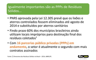 Igualmente importantes são as PPPs de Resíduos
Sólidos...
• PNRS aprovada pela Lei 12.305 prevê que os lixões e
aterros controlados fossem eliminados até agosto de
2014 e substituídos por aterros sanitários
• Findo prazo 60% dos municípios brasileiros ainda
utilizam locais impróprios para destinação final dos
resíduos coletados¹
• Com 16 parcerias público privadas (PPPs) em
andamento, o setor é atualmente o segundo com mais
contratos assinados
Fonte: [¹] Panorama dos Resíduos Sólidos no Brasil – 2014, ABRELPE.
 