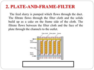 2. PLATE-AND-FRAME-FILTER
The feed slurry is pumped which flows through the duct.
The filtrate flows through the filter cloth and the solids
build up as a cake on the frame side of the cloth. The
filtrate flows between the filter cloth and the face of the
plate through the channels to the outlet.
Fig. Plate-and-frame-filter press
 