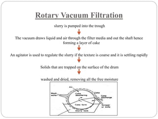 Rotary Vacuum Filtration
slurry is pumped into the trough
The vacuum draws liquid and air through the filter media and out the shaft hence
forming a layer of cake
An agitator is used to regulate the slurry if the texture is coarse and it is settling rapidly
Solids that are trapped on the surface of the drum
washed and dried, removing all the free moisture
 