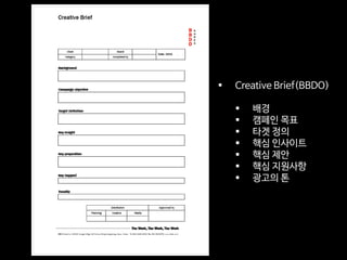  Creative Brief(BBDO)
 배경
 캠페인 목표
 타겟 정의
 핵심 인사이트
 핵심 제안
 핵심 지원사항
 광고의 톤
 