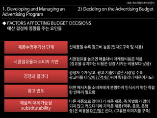 18장. 매스커뮤니케이션 관리
◆ FACTORS AFFECTING BUDGET DECISIONS
예산 결정에 영향을 주는 요인들
1. Developing and Managing an
Advertising Program
2) Deciding on the Advertising Budget
시장점유율과 소비자 기반
제품의 대체가능성
substitutability
제품수명주기상 단계
경쟁과 클러터
광고 빈도
시장점유율 높으면 매출대비 마케팅비용은 적음
(점유율 유지하는 비용은 성장 시키는 비용보다 낮음)
어떤 메시지를 소비자에게 분명하게 인식시키 위한 적절
한 반복이 필요함
다른 제품으로 갈아타기 쉬운 제품, 즉 차별화가 많이
되지 않고 커모디티에 가까운 제품(맥주, 음료, 은행
등)은 비용을 더?/덜? 쓴다. (고유한 이미지를 구축)
신제품일 수록 광고비 높음(인지도구축 및 시용)
경쟁자 수가 많고, 광고 지출이 많은 시장일 수록
광고비를 더 많이?/적게? 써야 함(클러터 때문이기도)
 