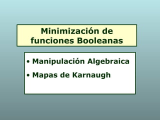 Minimización de
funciones Booleanas
• Manipulación Algebraica
• Mapas de Karnaugh
 