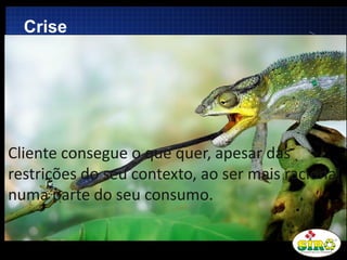 LOGO
Crise
Cliente consegue o que quer, apesar das
restrições do seu contexto, ao ser mais racional
numa parte do seu consumo.
 