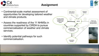 Assignment
• Continental-scale market assessment of
opportunities for developing tailored weather
and climate products.
• Assess the readiness of the 11 NHMSs in
countries supported by CIRDA to pursue
commercialisation of weather and climate
services.
• Identify potential pathways for such
commercialisation.
 