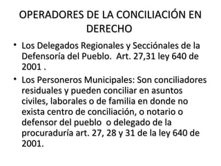 OPERADORES DE LA CONCILIACIÓN ENOPERADORES DE LA CONCILIACIÓN EN
DERECHODERECHO
• Los Delegados Regionales y Secciónales de laLos Delegados Regionales y Secciónales de la
Defensoría del Pueblo. Art. 27,31 ley 640 deDefensoría del Pueblo. Art. 27,31 ley 640 de
2001 .2001 .
• Los Personeros Municipales: Son conciliadoresLos Personeros Municipales: Son conciliadores
residuales y pueden conciliar en asuntosresiduales y pueden conciliar en asuntos
civiles, laborales o de familia en donde nociviles, laborales o de familia en donde no
exista centro de conciliación, o notario oexista centro de conciliación, o notario o
defensor del pueblo o delegado de ladefensor del pueblo o delegado de la
procuraduría art. 27, 28 y 31 de la ley 640 deprocuraduría art. 27, 28 y 31 de la ley 640 de
2001.2001.
 
