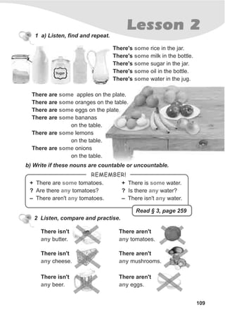 Lesson 2
109
1 a) Listen, find and repeat.
There's rice in the jar.
There's milk in the bottle.
There's sugar in the jar.
There's oil in the bottle.
There's water in the jug.
some
some
some
some
some
b) Write if these nouns are countable or uncountable.
There isn't
butter.any
2 Listen, compare and practise.
+ There are tomatoes.
? Are there tomatoes?
– There aren't tomatoes.
some
any
any
REMEMBER!
+ There is water.
? Is there water?
– There isn't water.
some
any
any
There isn't
cheese.any
There isn't
beer.any
There are apples on the plate.
There are oranges on the table.
There are eggs on the plate.
There are bananas
on the table.
There are lemons
on the table.
There are onions
on the table.
some
some
some
some
some
some
There aren't
tomatoes.any
There aren't
mushrooms.any
There aren't
eggs.any
Read § 3, page 259
 