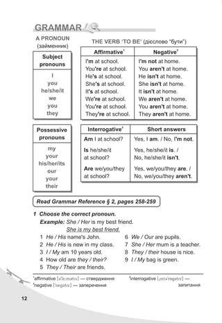 12
GRAMMAR
A PRONOUN
(çàéìåííèê)
I
you
he/she/it
we
you
they
Subject
pronouns
3
Interrogative Short answers
Am I at school?
Is he/she/it
at school?
Are we/you/they
at school?
Yes, I am. / No, I'm not.
Yes, he/she/it is. /
No, he/she/it isn't.
Yes, we/you/they are. /
No, we/you/they aren't.
Possessive
pronouns
my
your
his/her/its
our
your
their
THE VERB ‘TO BE’ (ä³ºñëîâî “áóòè”)
I'm not at home.
You aren't at home.
He isn't at home.
She isn't at home.
It isn't at home.
We aren't at home.
You aren't at home.
They aren't at home.
I'm at school.
You're at school.
He's at school.
She's at school.
It's at school.
We're at school.
You're at school.
They're at school.
1
Affirmative 2
Negative
1 Choose the correct pronoun.
Example: She / Her is my best friend.
She is my best friend.
1 He / His name's John.
2 He / His is new in my class.
3 I / My am 10 years old.
4 How old are they / their?
5 They / Their are friends.
6 We / Our are pupils.
7 She / Her mum is a teacher.
8 They / their house is nice.
9 I / My bag is green.
1
affirmative [C9f5:mCtiv] — ñòâåðäæåííÿ
2
negative [9negCtiv] — çàïåðå÷åííÿ
3
interrogative [0intC9rAgCtiv] —
çàïèòàííÿ
Read Grammar Reference § 2, pages 258-259
 