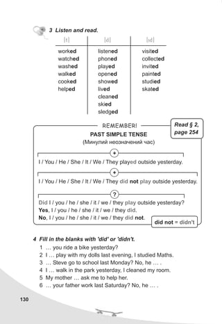 130
3 Listen and read.
4 Fill in the blanks with 'did' or 'didn't.
1 … you ride a bike yesterday?
2 I … play with my dolls last evening, I studied Maths.
3 … Steve go to school last Monday? No, he … .
4 I … walk in the park yesterday, I cleaned my room.
5 My mother … ask me to help her.
6 … your father work last Saturday? No, he … .
worked
watched
washed
walked
cooked
helped
listened
phoned
played
opened
showed
lived
cleaned
skied
sledged
visited
collected
invited
painted
studied
skated
[t] [d] [id]
REMEMBER!
PAST SIMPLE TENSE
(Ìèíóëèé íåîçíà÷åíèé ÷àñ)
+
?
I / You / He / She / It / We / They play outside yesterday.ed
Did play
did
did
I / you / he / she / it / we / they outside yesterday?
Yes, I / you / he / she / it / we / they .
No, I / you / he / she / it / we / they not.
did not = didn't
+
I / You / He / She / It / We / They not outside yesterday.did play
Read § 2,
page 254
 