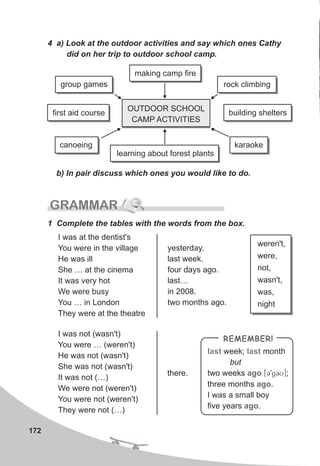 172
4 a) Look at the outdoor activities and say which ones Cathy
did on her trip to outdoor school camp.
b) In pair discuss which ones you would like to do.
OUTDOOR SCHOOL
CAMP ACTIVITIES
group games rock climbing
canoeing
building sheltersfirst aid course
GRAMMAR
1 Complete the tables with the words from the box.
I was at the dentist's
You were in the village
He was ill
She … at the cinema
It was very hot
We were busy
You … in London
They were at the theatre
yesterday.
last week.
four days ago.
last…
in 2008.
two months ago.
I was not (wasn't)
You were … (weren't)
He was not (wasn't)
She was not (wasn't)
It was not (…)
We were not (weren't)
You were not (weren't)
They were not (…)
there.
weren't,
were,
not,
wasn't,
was,
night
making camp fire
learning about forest plants
karaoke
REMEMBER!
last lastweek; month
but
two weeks [C9gCU];
three months .
I was a small boy
five years .
ago
ago
ago
 
