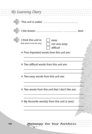 Photocopy for Your PortfolioPhotocopy for Your Portfolio
easy
not very easy
difficult
This unit is called …………………………………
I like lesson ………………………… …………… best.
I think this unit is:
(tick what is true for you)
l
l
l
l
l
Five important words from this unit are:
________________________________________
________________________________________
Two difficult words from this unit are:
________________________________________
________________________________________
Two easy words from this unit are:
________________________________________
________________________________________
Two words from this unit that I don't like are:
________________________________________
________________________________________
My favourite word(s) from this unit is (are):
________________________________________
________________________________________
My Learning DiaryMy Learning Diary
188
 