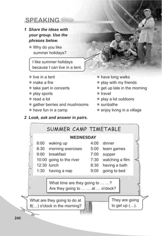 240
SPEAKING
1 Share the ideas with
your group. Use the
phrases below.
l
l
l
l
l
l
l
live in a tent
make a fire
take part in concerts
play sports
read a lot
gather berries and mushrooms
have fun in a camp
l Why do you like
summer holidays?
l
l
l
l
l
l
l
have long walks
play with my friends
get up late in the morning
travel
play a lot outdoors
sunbathe
enjoy living in a village
2 Look, ask and answer in pairs.
SUMMER CAMP TIMETABLE
What time are they going to … …?
Are they going to … … at … o'clock?
WEDNESDAY
8:00 waking up
8:30 morning exercises
9:00 breakfast
10:00 going to the river
12:30 lunch
1:30 having a nap
4:00 dinner
5:00 team games
7:00 supper
7:30 watching a film
8:30 having a bath
9:00 going to bed
They are going
to get up (…).
What are they going to do at
8(…) o'clock in the morning?
I like summer holidays
because I can live in a tent.
 