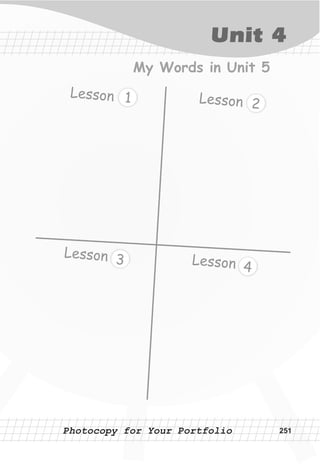 Photocopy for Your PortfolioPhotocopy for Your Portfolio
My Words in Unit 5
3
Lesson 1 2
4
Lesson
Lesson Lesson
251
Unit 4
 