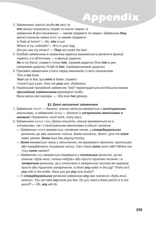 259
Appendix3. Çàéìåííèêè òðåòüî¿ îñîáè he (â³í) òà
she (âîíà) ïîçíà÷àþòü ëþäåé òà ³íêîëè òâàðèí, à
çàéìåííèê it (â³í/ âîíà/âîíî) — íåæèâ³ ïðåäìåòè òà òâàðèí. Çàéìåííèê they
(âîíè) ïîçíà÷àº æèâèõ ³ñòîò òà íåæèâ³ ïðåäìåòè:
Is Kate at home? — No, she is out.
Where is my umbrella? — It is in your bag.
Did you see my shoes? — They are under the bed.
4. Îñîáîâ³ çàéìåííèêè â íàçèâíîìó â³äì³íêó âæèâàþòüñÿ â ðå÷åíí³ â ôóíêö³¿
ï³äìåòà, à â îá'ºêòíîìó — â ôóíêö³¿ äîäàòêà:
Íå is my friend, (ï³äìåò) I know him. (ïðÿìèé äîäàòîê) Give him a pen.
(íåïðÿìèé äîäàòîê) I'll talk to him. (ïðèéìåííèêîâèé äîäàòîê)
5. Ïðèñâ³éí³ çàéìåííèêè ñòîÿòü ïåðåä ³ìåííèêîì ³ º éîãî îçíà÷åííÿì:
This is my book.
Your car is fast, but mine is faster. (ï³äìåò)
I haven't got a pen. Give me your pen. (äîäàòîê)
6. Óêðà¿íñüêèé ïðèñâ³éíèé çàéìåííèê "ñâ³é" ïåðåêëàäàºòüñÿ àíãë³éñüêîþ ìîâîþ
ïðèñâ³éíèì çàéìåííèêîì â³äïîâ³äíî¿ îñîáè:
Âîíà âçÿëà ñâî¿ îêóëÿðè. — She took her glasses.
§3. Äåÿê³ íåîçíà÷åí³ çàéìåííèêè
1. Çàéìåííèê — áàãàòî, çíà÷íà ÷àñòèíà âæèâàºòüñÿ ç íåçë³÷óâàíèìè
³ìåííèêàìè, à çàéìåííèê — áàãàòî ³ç çë³÷óâàíèìè ³ìåííèêàìè â
ìíîæèí³. Ïîð³âíÿéòå: much work, many days.
2. Çàéìåííèêè ³ (äåÿêà ê³ëüê³ñòü, ê³ëüêà) âææèâàþòüñÿ ÿê ³ç
çë³÷óâàíèìè, òàê ³ ç íåçë³÷óâàíèìè ³ìåííèêàìè â îäíèí³ ³ ìíîæèí³.
— Çàéìåííèê âæèâàºòüñÿ, ãîëîâíèì ÷èíîì, ó ñòâåðäæóâàëüíèõ
ðå÷åííÿõ, äå ìàº çíà÷åííÿ «ê³ëüêà, äåÿêà ê³ëüê³ñòü, äåÿê³»: give me some
water, please. Some boys like playing hockey.
— Some âæèâàºòüñÿ òàêîæ ó çàïèòàííÿõ, ÿê³ âèðàæàþòü ïðîõàííÿ, ïðîïîçèö³þ
àáî ïåðåäáà÷àþòü ç'ÿñóâàííÿ ÷îãîñü. Can I have some more milk? Where can
I buy some sweets?
— Çàéìåííèê âæèâàºòüñÿ ïåðåâàæíî ó ïèòàëüíèõ ðå÷åííÿõ, äå â³í
îçíà÷àº «áóäü-ÿêèé, ñê³ëüêè-íåáóäü» àáî ïðîñòî ï³äñèëþº ïèòàííÿ, ³ â
çàïåðå÷íèõ ðå÷åííÿõ, äå ó ñïîëó÷åíí³ ç çàïåðå÷íîþ ÷àñòêîþ â³í âèðàæàº
ïðîñòå àáî ï³äñèëåíå çàïåðå÷åííÿ. Is there any water in the jug? There isn't
any milk in the bottle. Have you got any new books?
— Ó ñòâåðäæóâàëüíèõ ðå÷åííÿõ çàéìåííèê any ìàº çíà÷åííÿ «áóäü-ÿêèé,
âñÿêèé». You can take any book you like. Do you need a black pencil or a red
pencil? — Oh, any will do.
much
many
some any
some
any
 