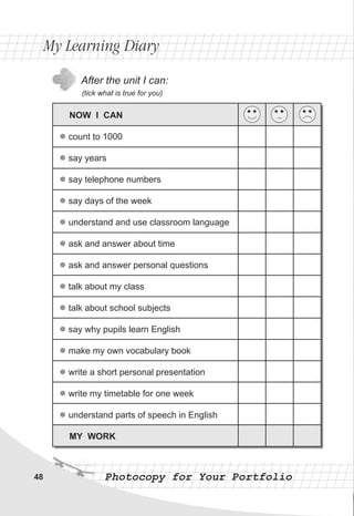 NOW I CAN
count to 1000
say years
say telephone numbers
say days of the week
understand and use classroom language
ask and answer about time
ask and answer personal questions
talk about my class
talk about school subjects
say why pupils learn English
make my own vocabulary book
write a short personal presentation
write my timetable for one week
understand parts of speech in English
MY WORK
l
l
l
l
l
l
l
l
l
l
l
l
l
l
48
After the unit I can:
(tick what is true for you)
My Learning DiaryMy Learning Diary
Photocopy for Your PortfolioPhotocopy for Your Portfolio
 