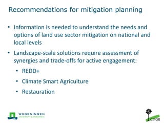 Recommendations for mitigation planning
• Information is needed to understand the needs and
options of land use sector mitigation on national and
local levels
• Landscape-scale solutions require assessment of
synergies and trade-offs for active engagement:
• REDD+
• Climate Smart Agriculture
• Restauration
 