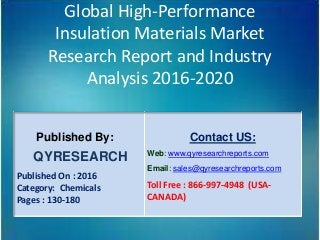 Global High-Performance
Insulation Materials Market
Research Report and Industry
Analysis 2016-2020
Published By:
QYRESEARCH
Published On : 2016
Category: Chemicals
Pages : 130-180
Contact US:
Web: www.qyresearchreports.com
Email: sales@qyresearchreports.com
Toll Free : 866-997-4948 (USA-
CANADA)
 