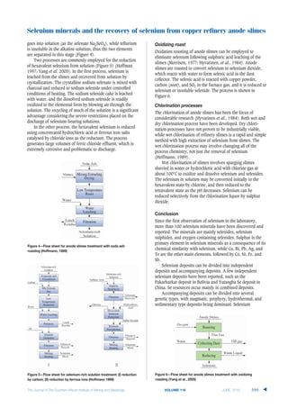 goes into solution (as the selenate Na2SeO4), while tellurium
is insoluble in the alkaline solution; thus the two elements
are separated in this stage (Figure 4).
Two processes are commonly employed for the reduction
of hexavalent selenium from solution (Figure 5) (Hoffman
1997; Yang et al. 2005). In the first process, selenium is
leached from the slimes and recovered from solution by
crystallization. The crystalline sodium selenate is mixed with
charcoal and reduced to sodium selenide under controlled
conditions of heating. The sodium selenide cake is leached
with water, and the dissolved sodium selenide is readily
oxidized to the elemental form by blowing air through the
solution. The recycling of much of the solution is a significant
advantage considering the severe restrictions placed on the
discharge of selenium-bearing solutions.
In the other process, the hexavalent selenium is reduced
using concentrated hydrochloric acid or ferrous iron salts
catalysed by chloride ions as the reductant. The process
generates large volumes of ferric chloride effluent, which is
extremely corrosive and problematic to discharge.
Oxidation roasting of anode slimes can be employed to
eliminate selenium following sulphuric acid leaching of the
slimes (Morrison, 1977; Hyvarinen, et al., 1984). Anode
slimes are roasted to convert selenium to selenium dioxide,
which reacts with water to form selenic acid in the dust
collector. The selenic acid is reacted with copper powder,
carbon (soot), and SO2 in the furnace gas, and it is reduced to
selenium or insoluble selenide. The process is shown in
Figure 6.
The chlorination of anode slimes has been the focus of
considerable research (Hyvarinen et al., 1984). Both wet and
dry chlorination process have been developed. Dry chlori-
nation processes have not proven to be industrially viable,
while wet chlorination of refinery slimes is a rapid and simple
method with high extraction of selenium from slimes. The
wet chlorination process may involve changing all of the
process chemistry, not just the removal of selenium
(Hoffmann, 1989).
Wet chlorination of slimes involves sparging slimes
slurried in water or hydrochloric acid with chlorine gas at
about 100°C to oxidize and dissolve selenium and selenides.
The selenium in solution may be converted initially to the
hexavalent state by chlorine, and then reduced to the
tetravalent state as the pH decreases. Selenium can be
reduced selectively from the chlorination liquor by sulphur
dioxide.
Since the first observation of selenium in the laboratory,
more than 100 selenium minerals have been discovered and
reported. The minerals are mainly selenides, selenium
sulphides, and oxygen-containing selenides. Sulphur is the
primary element in selenium minerals as a consequence of its
chemical similarity with selenium, while Cu, Bi, Pb, Ag, and
Te are the other main elements, followed by Co, Ni, Fe, and
Sb.
Selenium deposits can be divided into independent
deposits and accompanying deposits. A few independent
selenium deposits have been reported, such as the
Pakarharkar deposit in Bolivia and Yutangba Se deposit in
China. Se resources occur mainly in combined deposits.
Accompanying deposits can be divided into several
genetic types, with magmatic, porphyry, hydrothermal, and
sedimentary type deposits being dominant. Selenium
Selenium minerals and the recovery of selenium from copper refinery anode slimes
VOLUME 116 599
L
Collecting Dust
Reducing
Filtration
Mixing Extruding
Drying
Impurity
Hydrolysis
Filtration
Filtration
Melting
Shotting
Selenide
Oxidation
Filtration
Melting
Shotting
Filtration
Water Leaching
Low
Temperature
Reduction
Hexavalent
Selenium
Reduction
Selenium
Precipitation
Mix Extrude
Dry
Evaporate and
Crystallized
Low Temperature
Roast
Water
Leaching
Roasting
 