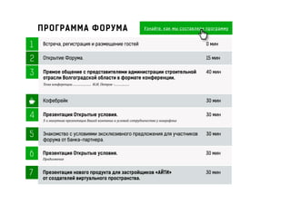 ПРОГРАММА ФОРУМА
Встреча, регистрация и размещение гостей 0 мин1
Открытие Форума. 15 мин2
Прямое общение с представителями администрации строительной
отрасли Волгоградской области в формате конференции.
Тема конференции ……………… И.И. Петров -……………
40 мин3
Кофебрейк 30 мин
Презентация Открытые условия.
3-х минутная презентация Вашей компании и условий сотрудничества у микрофона
30 мин4
Знакомство с условиями эксклюзивного предложения для участников
форума от банка-партнера.
30 мин5
Презентация Открытые условия.
Продолжение
30 мин6
Презентация нового продукта для застройщиков «АЙТИ»
от создателей виртуального пространства.
30 мин7
Узнайте, как мы составляли программу
 