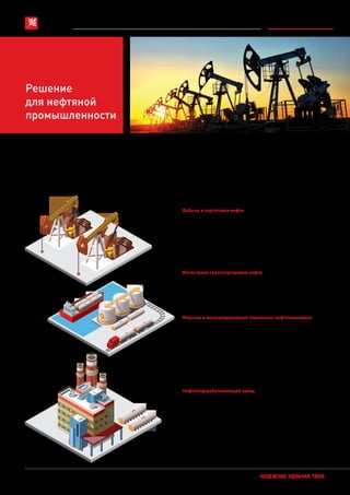 26 НАДЕЖНАЯ. УДОБНАЯ. ТВОЯ.
Решение
для нефтяной
промышленности
Решение для нефтяной промышленности
Предприятие нефтяной отрасли, сталкиваясь с необходимостью приобретения качественного
оборудования, вынуждено прибегать к помощи профессионального поставщика. Задача дан-
ного поставщика — минимизировать риски, а также избавить предприятие-заказчик от про-
блем при эксплуатации объекта.
Команда EKF готова предложить своим клиентам профессиональное электрооборудование
и комплектующие.
Средства, вложенные в повышение энергоэффективности, — единственный вид затрат на ре-
монт, которые окупятся с процентами.
Добыча и подготовка нефти
•	 Шкафы ГРЩ, КТП (БКТП)
•	 Шкафы постоянного тока
•	 Система АСКУЭ (шкафы учета ЭЭ)
•	 Шкафы АСУ ТП котельных
•	 Шкафы артезианских скважин и насосных
•	 Шкафы электроснабжения водоочистных сооружений
•	 Шкафы АСУ ТП водоочистных сооружений
•	 Шкафы управления аппаратами охлаждения
Магистрали транспортировки нефти
•	 Шкафы ГРЩ, КТП
•	 Шкафы постоянного тока
•	 Система АСКУЭ (шкафы учета ЭЭ)
•	 Шкафы АСУ ТП водоочистных сооружений
•	 Шкафы питания систем пожаротушения
Морские и железнодорожные терминалы нефтеперевалки
•	 Шкафы ГРЩ, КТП
•	 Шкафы управления освещением
•	 Шкафы собственных нужд
•	 Шкафы системы АСКУЭ
•	 Шкафы АСУ ТП котельных
•	 Шкафы АСУ ТП насосных
•	 Шкафы управления станций водоочистки
•	 ВРУ и система щитов административных зданий
•	 Щиты подключения резервных ДЭС
•	 Шкафы управления ГП кранами
Нефтеперерабатывающий завод
•	 Шкафы ГРЩ, КТП
•	 Сухие и масляные трансформаторы EKF
•	 Щиты управления освещением
•	 Шкафы собственных нужд
•	 Шкафы системы АСКУЭ
•	 Шкафы АСУ ТП котельных
•	 Шкафы АСУ ТП насосных
•	 Шкафы управления станций водоочистки
•	 Шкафы управления ГП кранами
•	 ВРУ и система щитов административных зданий
•	 Щиты подключения резервных ДЭС
 