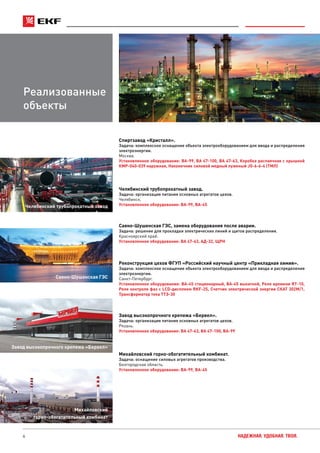 6 НАДЕЖНАЯ. УДОБНАЯ. ТВОЯ.
Реализованные
объекты
Челябинский трубопрокатный завод
Саяно-Шушенская ГЭС
Завод высокопрочного крепежа «Бервел»
Михайловский
горно-обогатительный комбинат
Спиртзавод «Кристалл».
Задача: комплексное оснащение объекта электрооборудованием для ввода и распределения
электроэнергии.
Москва.
Установленное оборудование: ВА-99, ВА 47-100, ВА 47-63, Коробка распаячная с крышкой
КМР-040-039 наружная, Наконечник силовой медный луженый JG-6-6-4 (ТМЛ)
Челябинский трубопрокатный завод.
Задача: организация питания основных агрегатов цехов.
Челябинск.
Установленное оборудование: ВА-99, ВА-45
Саяно-Шушенская ГЭС, замена оборудования после аварии.
Задача: решение для прокладки электрических линий и щитов распределения.
Красноярский край.
Установленное оборудование: ВА 47-63, АД-32, ЩРН
Реконструкция цехов ФГУП «Российский научный центр «Прикладная химия».
Задача: комплексное оснащение объекта электрооборудованием для ввода и распределения
электроэнергии.
Санкт-Петербург.
Установленное оборудование: ВА-45 стационарный, ВА-45 выкатной, Реле времени RT-10,
Реле контроля фаз с LCD-дисплеем RKF-2S, Счетчик электрической энергии СКАТ 302М/1,
Трансформатор тока ТТЭ-30
Завод высокопрочного крепежа «Бервел».
Задача: организация питания основных агрегатов цехов.
Рязань.
Установленное оборудование: ВА 47-63, ВА 47-100, ВА-99
Михайловский горно-обогатительный комбинат.
Задача: оснащение силовых агрегатов производства.
Белгородская область.
Установленное оборудование: ВА-99, ВА-45
 