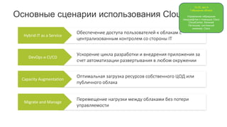 Обеспечение	доступа	пользователей	к	облакам	с	
централизованным	контролем	со	стороны	IT
Ускорение	цикла	разработки	и	внедрения	приложения	за	
счет	автоматизации	развертывания	в	любом	окружении
Оптимальная	загрузка	ресурсов	собственного	ЦОД	или	
публичного	облака
Перемещение	нагрузки	между	облаками	без	потери	
управляемости
Основные сценарии использования CloudCenter
Hybrid	IT	as	a	Service
DevOps и	CI/CD
Capacity	Augmentation
Migrate	and	Manage
15:25, зал А
Гибридные облака
Управление гибридным
ландшафтом с помощью Cisco
CloudCenter. Евгений
Петякшев, системный
инженер, Cisco
 
