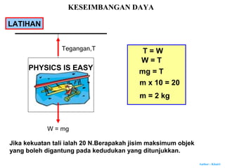 Author : Khairi
LATIHAN
PHYSICS IS EASY
Jika kekuatan tali ialah 20 N.Berapakah jisim maksimum objek
yang boleh digantung pada kedudukan yang ditunjukkan.
W = mg
Tegangan,T T = W
W = T
mg = T
m x 10 = 20
m = 2 kg
KESEIMBANGAN DAYA
 