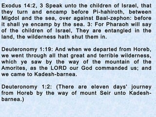 Exodus 14:2, 3 Speak unto the children of Israel, that
they turn and encamp before Pi-hahiroth, between
Migdol and the sea, over against Baal-zephon: before
it shall ye encamp by the sea. 3: For Pharaoh will say
of the children of Israel, They are entangled in the
land, the wilderness hath shut them in.
Deuteronomy 1:19: And when we departed from Horeb,
we went through all that great and terrible wilderness,
which ye saw by the way of the mountain of the
Amorites, as the LORD our God commanded us; and
we came to Kadesh-barnea.
Deuteronomy 1:2: (There are eleven days' journey
from Horeb by the way of mount Seir unto Kadesh-
barnea.)
 
