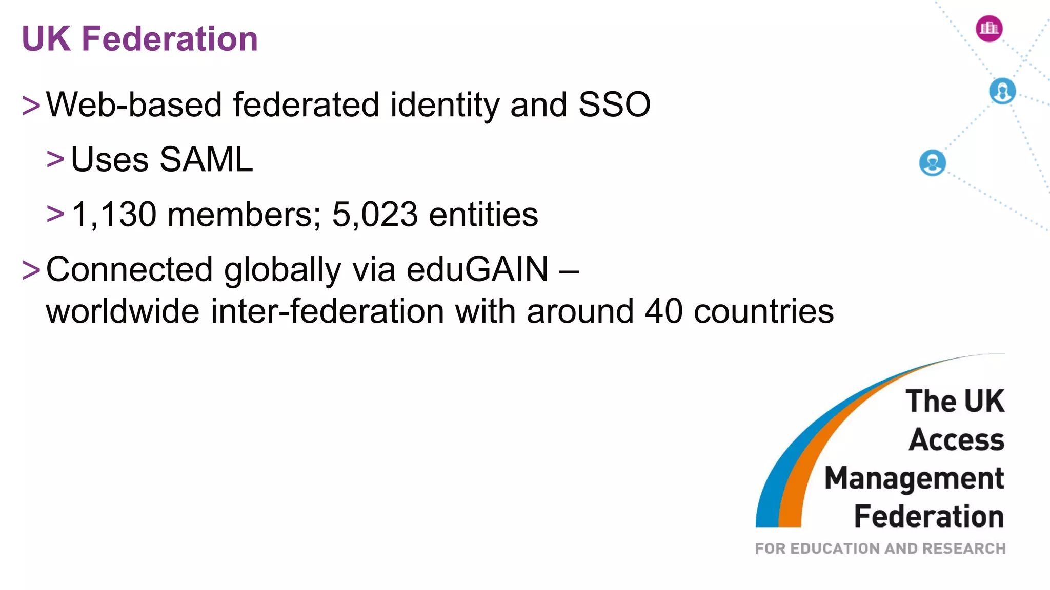 >Web-based federated identity and SSO
>Uses SAML
>1,130 members; 5,023 entities
>Connected globally via eduGAIN –
worldwide inter-federation with around 40 countries
UK Federation
 