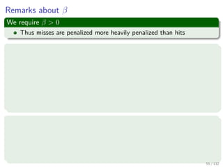 Images/cinvestav-
Remarks about β
We require β > 0
Thus misses are penalized more heavily penalized than hits
Although
It looks strange to penalize hits,
However, as long that the penalty of a success is smaller than the
penalty for a miss:
exp {−β} < exp {β}
Why?
if we assign cost a to misses and cost b to hits, where a > b > 0.
We can rewrite such costs as a = cd and b = c−d for constants c and
d.
It does not compromise generality.
55 / 132
 