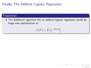 Images/cinvestav-
Finally, The Additive Logistic Regression
Proposition
The AdaBoost algorithm ﬁts an additive logistic regression model by
stage-wise optimization of
J (F) = E e−yF(x)
Proof
Imagine you have an estimate F (x) then we seek an improved
estimate:
F (x) + f (x)
114 / 132
 