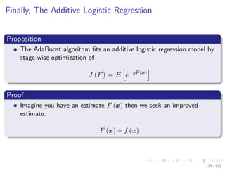 Images/cinvestav-
Finally, The Additive Logistic Regression
Proposition
The AdaBoost algorithm ﬁts an additive logistic regression model by
stage-wise optimization of
J (F) = E e−yF(x)
Proof
Imagine you have an estimate F (x) then we seek an improved
estimate:
F (x) + f (x)
114 / 132
 
