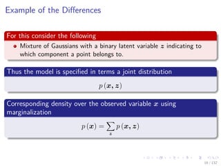 Images/cinvestav-
Example of the Diﬀerences
For this consider the following
Mixture of Gaussians with a binary latent variable z indicating to
which component a point belongs to.
Thus the model is speciﬁed in terms a joint distribution
p (x, z)
Corresponding density over the observed variable x using
marginalization
p (x) =
z
p (x, z)
16 / 132
 