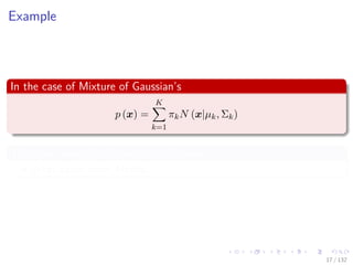 Images/cinvestav-
Example
In the case of Mixture of Gaussian’s
p (x) =
K
k=1
πkN (x|µk, Σk)
This is an example of model combination.
What about other Models
17 / 132
 