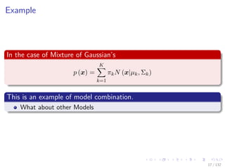 Images/cinvestav-
Example
In the case of Mixture of Gaussian’s
p (x) =
K
k=1
πkN (x|µk, Σk)
This is an example of model combination.
What about other Models
17 / 132
 