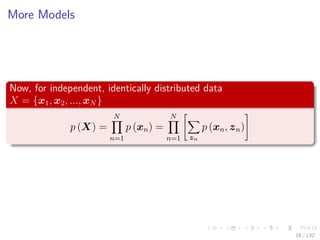 Images/cinvestav-
More Models
Now, for independent, identically distributed data
X = {x1, x2, ..., xN }
p (X) =
N
n=1
p (xn) =
N
n=1 zn
p (xn, zn)
18 / 132
 