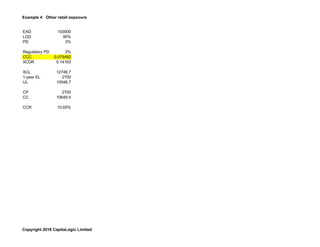 Example 4 Other retail expsoure
EAD 100000
LGD 90%
PD 3%
Regulatory PD 3%
CCC 0.075492
XCDR 0.14163
XCL 12746.7
1-year EL 2700
UL 10046.7
CP 2700
CC 10649.5
CCR 10.65%
Copyright 2018 CapitaLogic Limited
 