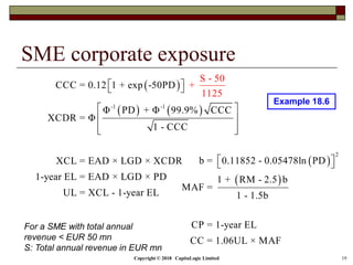 Copyright © 2018 CapitaLogic Limited 19
SME corporate exposure
Example 18.6
 
 
2
b = 0.11852 - 0.05478ln PD
1 + RM - 2.5 b
MAF =
1 - 1.5b
CP = 1-year EL
CC = 1.06UL × MAF
  
 
   -1 -1
CCC = 0.12 1 + exp -50PD
Φ PD + Φ 99.9% CCC
XCDR = Φ
1 - CCC
XCL = EAD × LGD × XCDR
1-year EL = EAD
S - 5
× LGD × PD
UL = XCL - 1-y
0
+
112
ear EL
5
  
 
 
  
For a SME with total annual
revenue < EUR 50 mn
S: Total annual revenue in EUR mn
 
