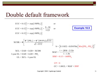 Copyright © 2018 CapitaLogic Limited 24
Double default framework
Example 18.9
  
 
o g
g
2
b = 0.11852 - 0.05478ln
1 + RM - 2.5 b
Min PD , PD
DDF = 0.15 + 160PD
CP
MAF =
1 - 1.5b
CC = 1.06UL × MAF
= 0
DDF×
 
 
 
 
 
   
o
o
o
-1 -1
o
o
CCC = 0.12 1 + exp -50PD or
S - 50
CCC = 0.12 1 + exp -50PD + or
1125
CCC = 0.15 1 + exp -50PD
Φ PD + Φ 99.9% CCC
XCDR = Φ
1 - CCC
XCL = EAD × LGD × XCDR
1-year EL = EAD × LGD × PD
UL = XC
  
  
  
 
 
  
L - 1-year EL
 