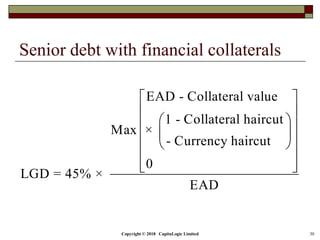 Copyright © 2018 CapitaLogic Limited 30
Senior debt with financial collaterals
EAD - Collateral value
1 - Collateral haircut
Max ×
- Currency haircut
0
LGD = 45% ×
EAD
 
 
  
   
 
  
 