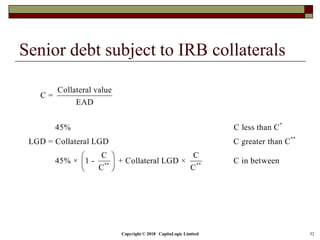 Copyright © 2018 CapitaLogic Limited 32
Senior debt subject to IRB collaterals
*
**
** **
Collateral value
C =
EAD
45% C less than C
LGD = Collateral LGD C greater than C
C C
45% × 1 - + Collateral LGD × C in between
C C
 
 
 
 