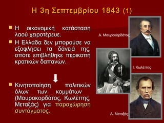 Η 3 η Σεπτεμβρίου 1843 (1)

 Η οικονομική κατάσταση
  λαού χειροτέρευε.             Α. Μαυροκορδάτος
 Η Ελλάδα δεν μπορούσε να
  εξοφλήσει τα δάνειά της,
  οπότε επιβλήθηκε περικοπή
  κρατικών δαπανών.
                                                   Ι. Κωλέττης



   Κινητοποίηση    πολιτικών
    όλων των κομμάτων
    (Μαυροκορδάτος, Κωλέττης,
    Μεταξάς) για παραχώρηση
    συντάγματος.                      Α. Μεταξάς
 
