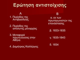 Ερώτηση αντιστοίχισης
        Α                      Β
1. Περίοδος της            α. εκ των
   Αντιβασιλείας         πρωταγωνιστών της
                         επανάστασης
2. Περίοδος της
   απόλυτης μοναρχίας
                          β. 1833-1835
3. Μεταφορά
   πρωτεύουσας στην       γ. 1835-1843
   Αθήνα
                          δ. 1834
4. Δημήτριος Καλλέργης
 